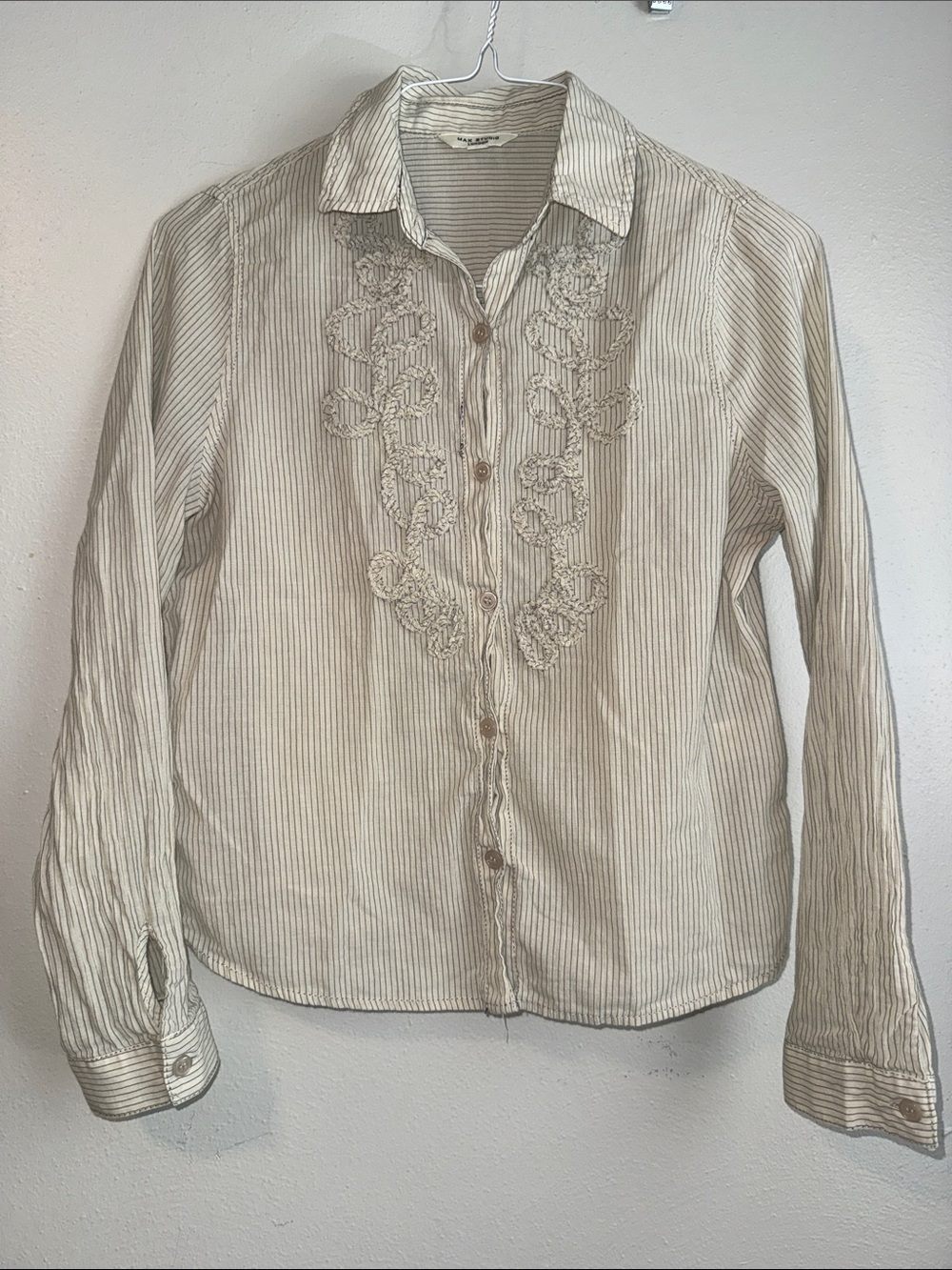 Max Studio Cream and Beige Striped Embroidered Button-Up Shirt
